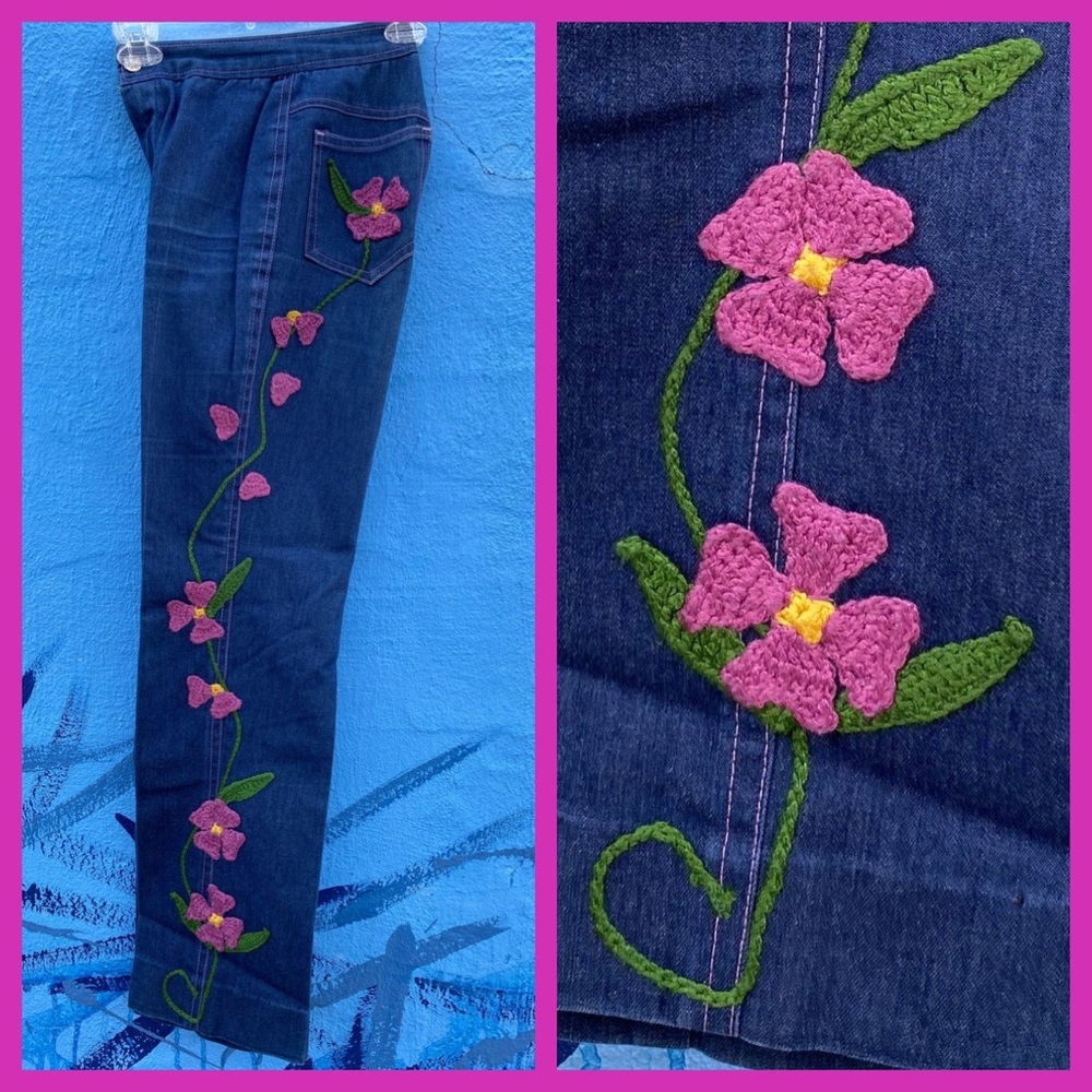Vintage 80s jeans with crochet purple flowers down leg, size 23